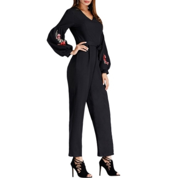 Black Embroidered Puff Sleeve Jumpsuit - Picture 5 of 5